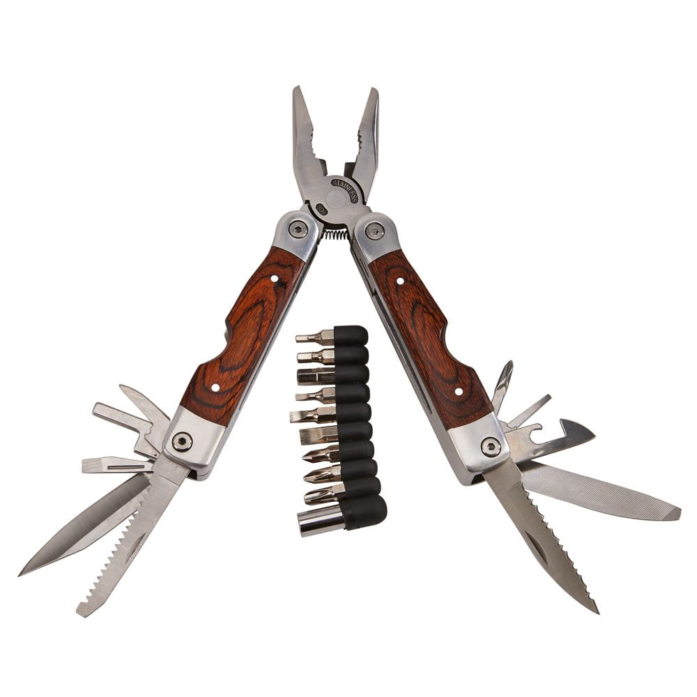 002411 7 In. Wood Handle Stainless Steel Multi Function Tool With Bits - Silver