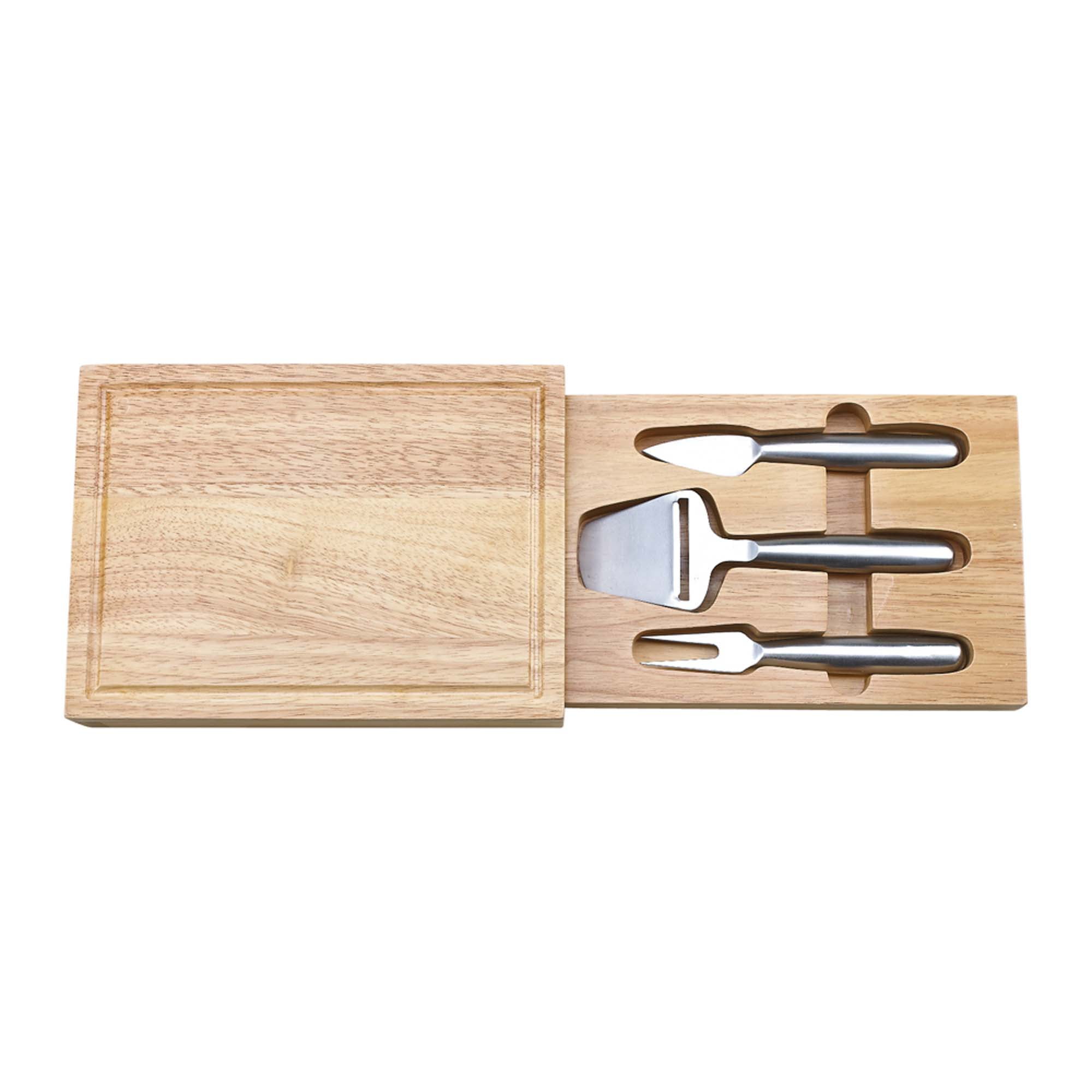 015819 3 Piece Rectangle Wood Cheeseboard With Stainless Steel Handle Utensils