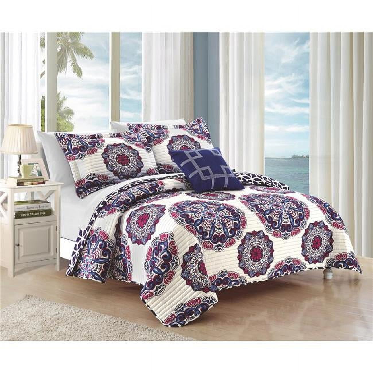 8 Piece Madarcos Super Soft Microfiber Large Printed Medallion Reversible With Geometric Printed Backing King Quilt Set, Navy With Sheet Set