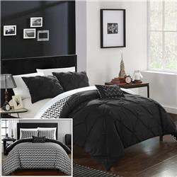 Everly Pinch Pleated, Reversible Chevron Print Ruffled & Pleated Complete Comforter Set With Shams & Decorative Pillows - Black - King - 4 Piece