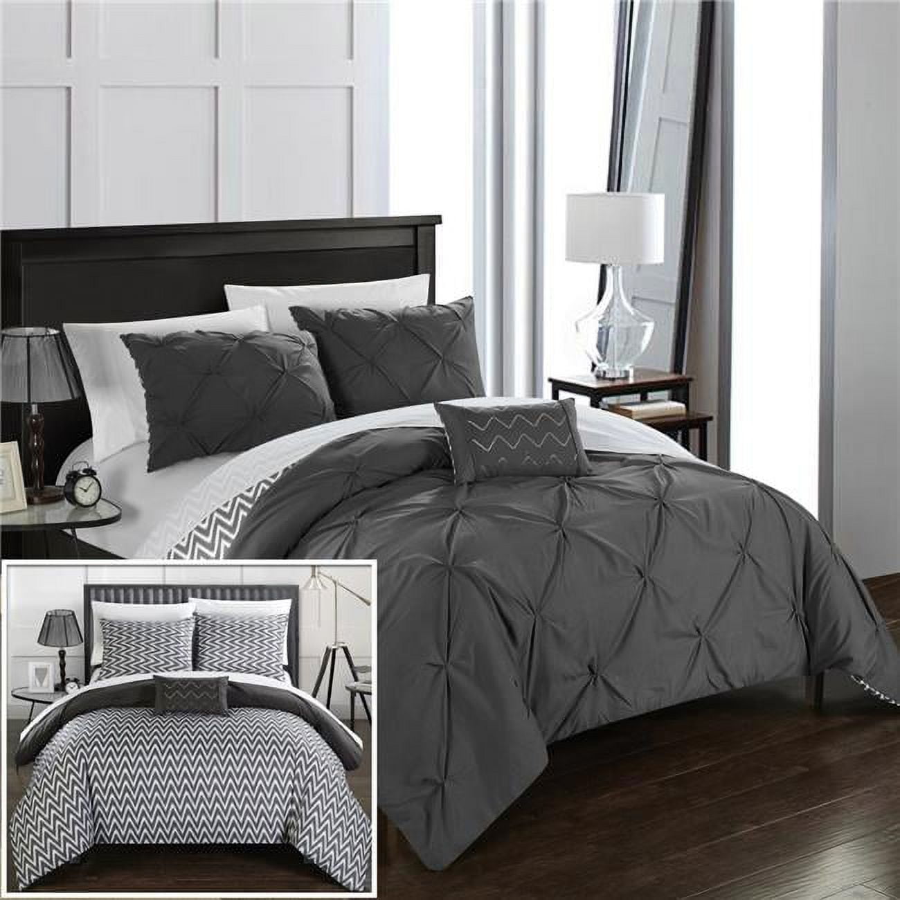 Everly Pinch Pleated, Reversible Chevron Print Ruffled & Pleated Complete Comforter Set With Shams & Decorative Pillows - Grey - King - 4 Piece