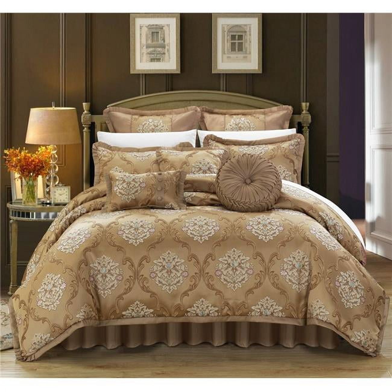 13 Piece Angelo Decorator Upholstery Quality Jacquard Scroll Fabric Complete Master Bedroom & Pillows Queen Bed In A Bag Comforter Set, Gold