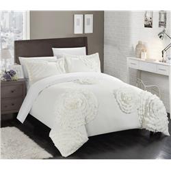 Ds1835-bib-us Valerio Floral & Rose Pleated Etched Applique Duvet Cover Set With Sheets - White - King - 7 Piece