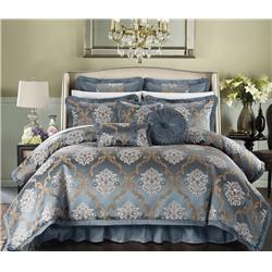 13 Piece Angelo Decorator Upholstery Quality Jacquard Scroll Fabric Complete Master Bedroom & Pillows Queen Bed In A Bag Comforter Set, Blue