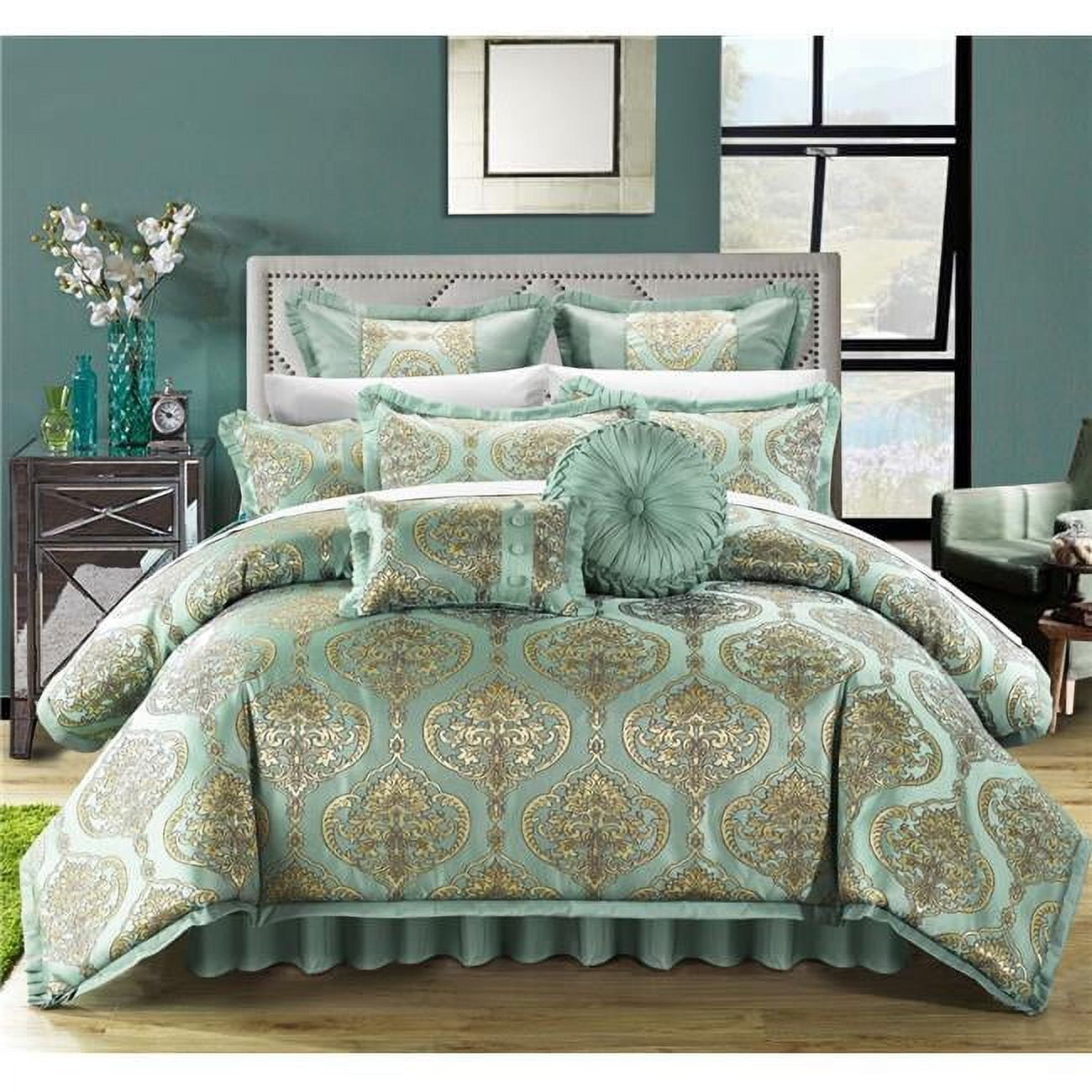 13 Piece Bonito Decorator Upholstery Quality Jacquard Motif Fabric Complete Master Bedroom & Pillows King Bed In A Bag Comforter Set, Blue