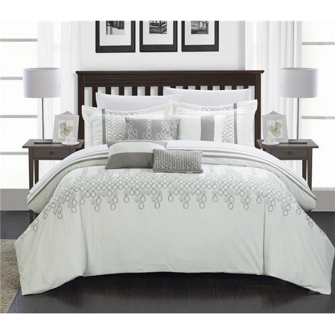 Cs3041-us Laura Embroidered Oversized Overfilled Comforter Set - White - Queen - 8 Piece