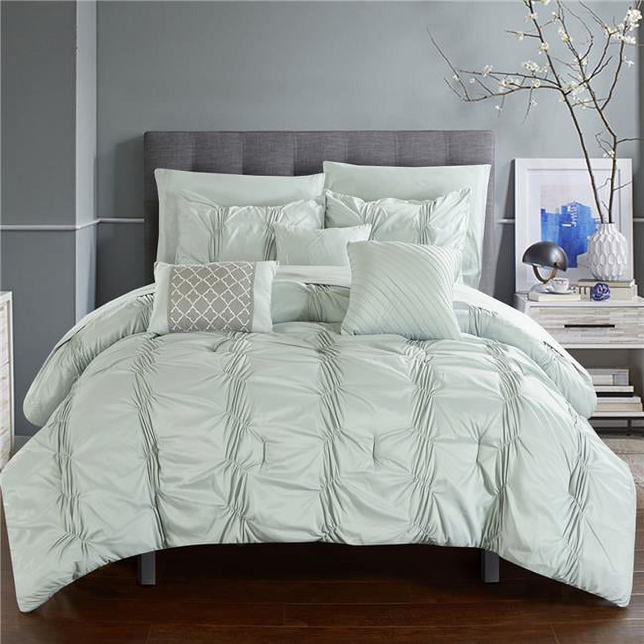 Cs2567-us Aryan Pinch Pleated, Ruffled & Pleated Complete Bed In A Bag Comforter Set With Sheets & Decorative Pillows - Green - Queen - 10 Piece