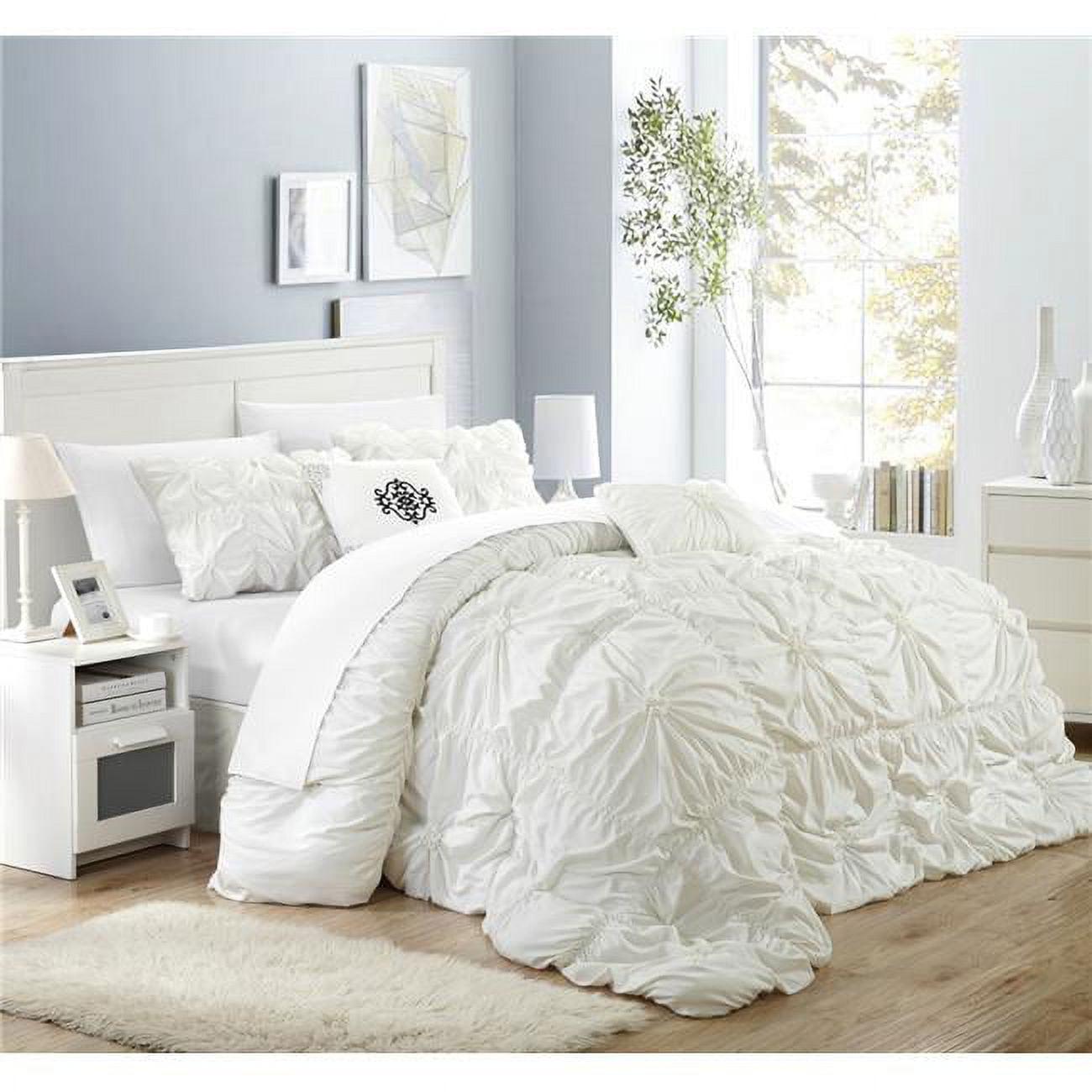 Ramanda Floral Pinch Pleat Ruffled Designer Embellished Comforter Set - White - Queen - 6 Piece