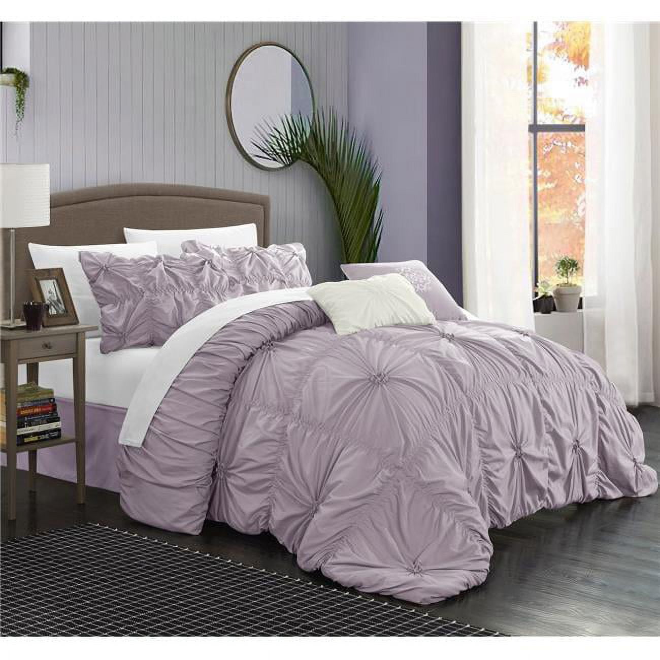 Ramanda Floral Pinch Pleat Ruffled Designer Embellished Comforter Set - Lavender - Queen - 6 Piece