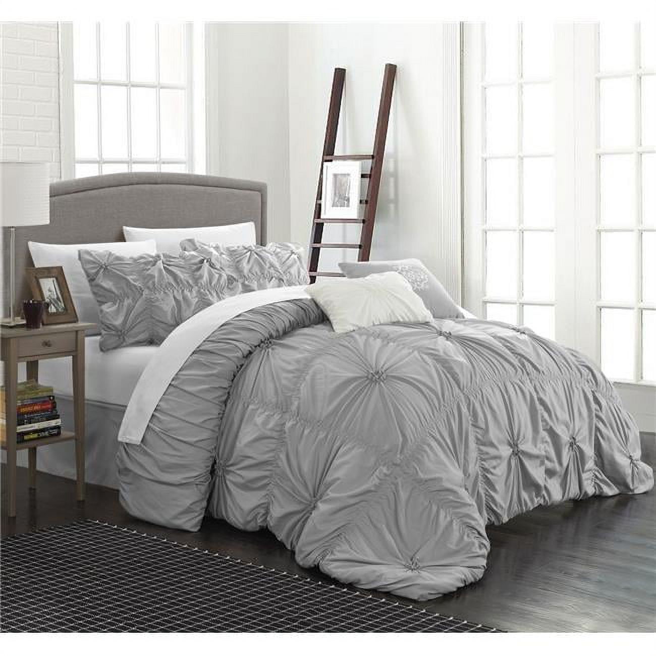 Cs1432-us Ramanda Floral Pinch Pleat Ruffled Designer Embellished Comforter Set - Silver - King - 6 Piece