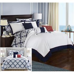 Cs2187-us Olympia Reversible Medallion Printed Plush Hotel Collection Bed In A Bag Comforter Set With Sheets - Navy & White - Queen - 10 Piece