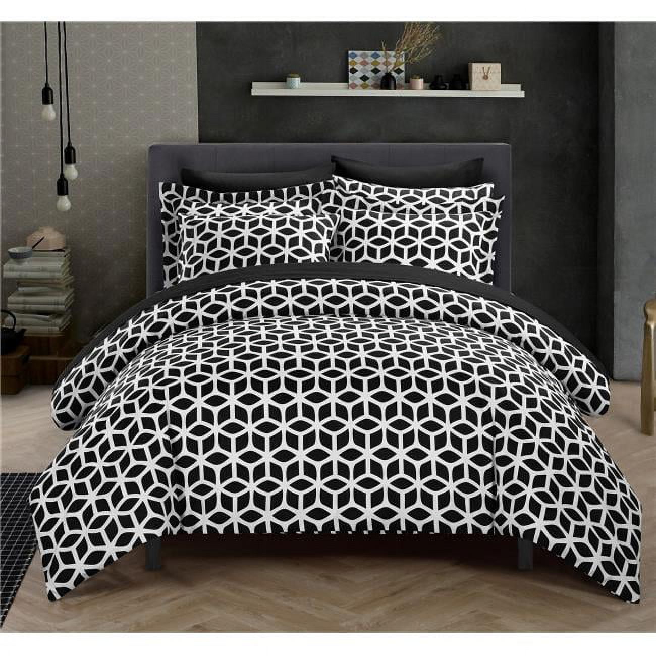 Ds1316-us Callista Geometric Diamond Printed Reversible Duvet Cover Set - Black - King - 3 Piece