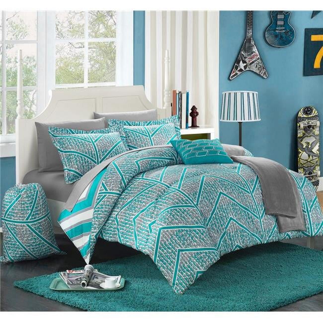 Cs4102-us Clarendon Chevron & Geometric Printed Reversible X-long Comforter Set With Sheets - Aqua - Twin - 8 Piece