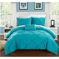 4 Piece Yvonne Pinch Ruffled & Pleated Complete King Duvet Cover Set With Turquoise Shams & Decorative Pillows