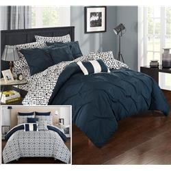 Cs1946-us Marly Pinch Pleated, Ruffled & Pleated Printed Reversible Complete Bed In A Bag Comforter Set With Sheets - Navy - Queen - 10 Piece