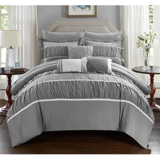 Penelope Pleated & Ruffled Bed In A Bag Comforter Set With Sheets - Grey - Queen - 10 Piece