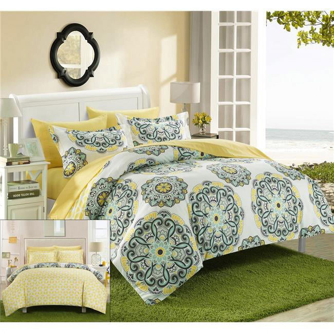 2 Piece Sardinia Super Soft Microfiber Large Printed Medallion Reversible With Geometric Printed Backing Twin Duvet Set, Yellow