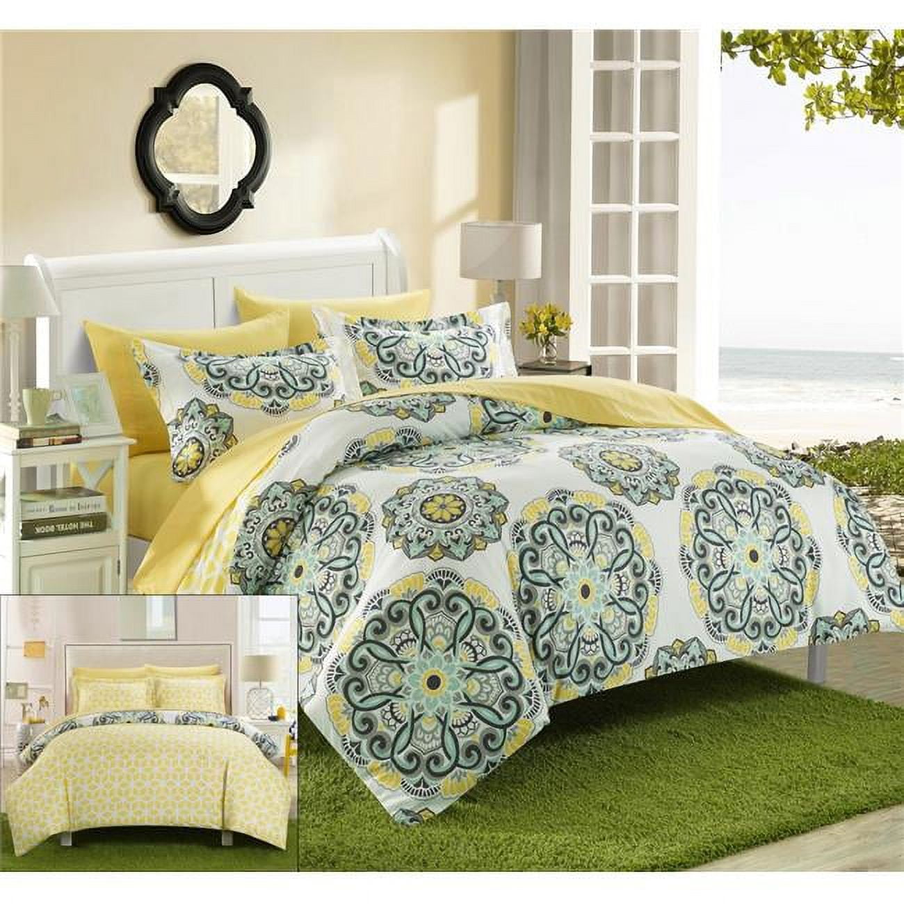 Ds4031-bib-us Sardinia Super Soft Microfiber Printed Medallion Reversible Geometric Printed Backing Duvet Set With Sheets - Yellow - Large - 7 Piece