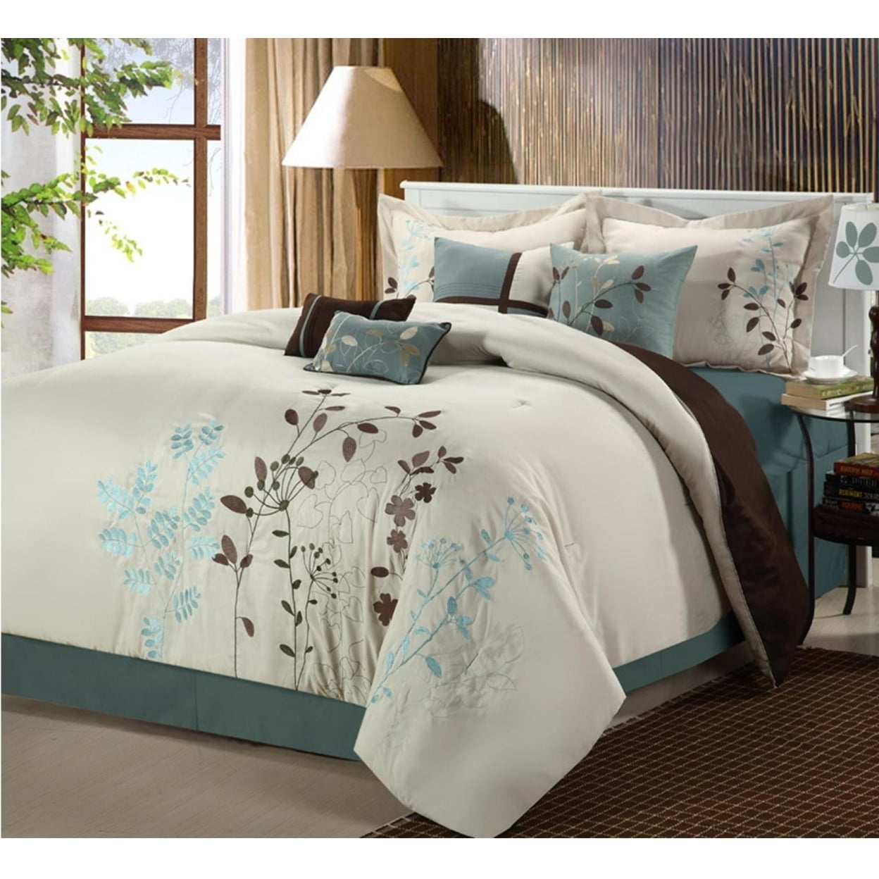 21cq101-us Bliss Garden Embroidered Comforter Set - Beige - Queen - 8 Piece