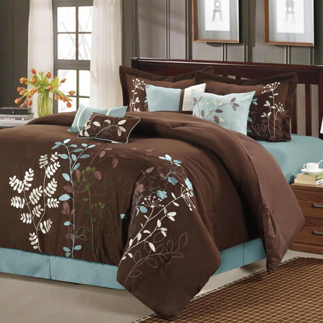 21ck102-us Bliss Garden Embroidered Comforter Set - Brown - King - 8 Piece