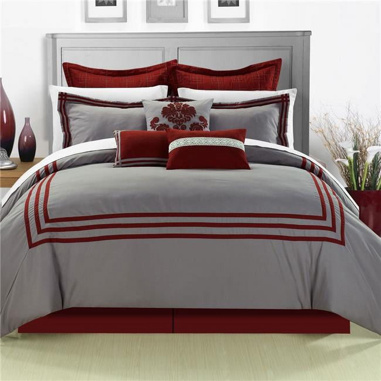 126cq111-us Cosmo Embroidered Comforter Set - Red - Queen - 8 Piece
