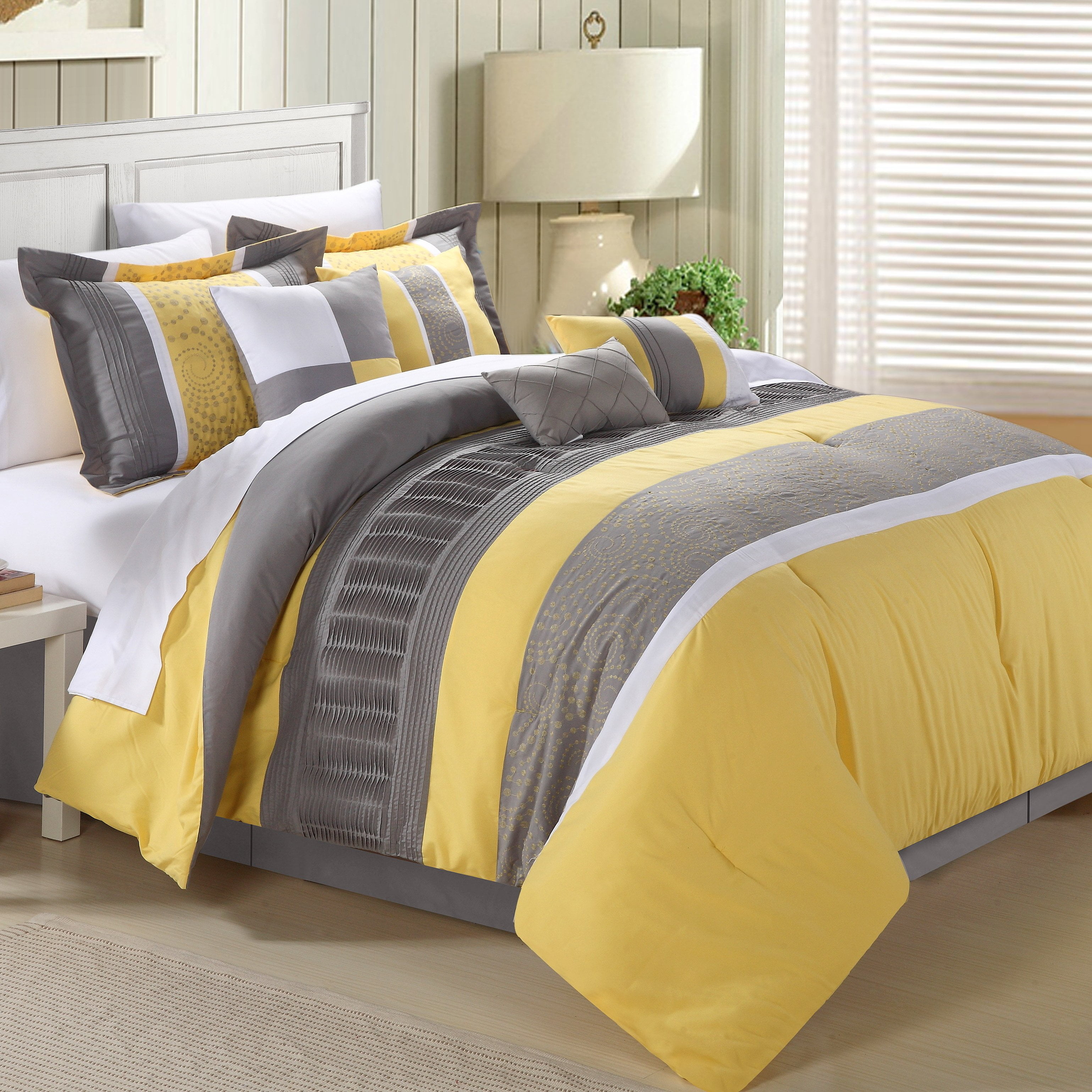 43ck111-us Euphoria Embroidered Comforter Set - Yellow - King - 8 Piece