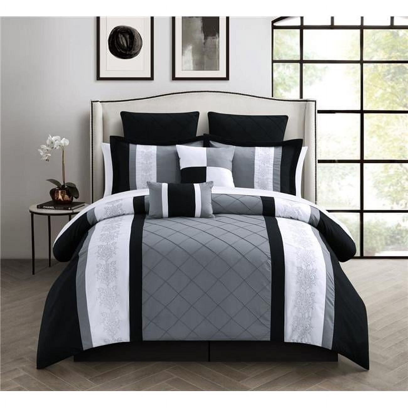 35-89-k-12-us Livingston 12 Piece Bed In A Bag Embroidered Comforter Set With 4 Piece Sheet Set, Black - King