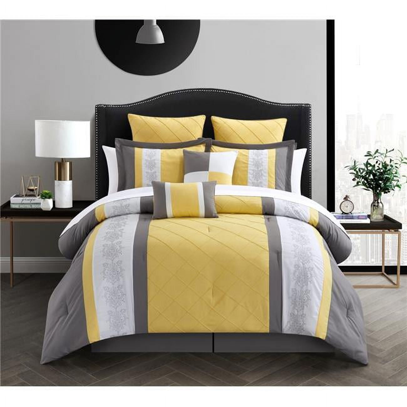 35-89-q-11-us Livingston 12 Piece Bed In A Bag Embroidered Comforter Set With 4 Piece Sheet Set, Yellow - Queen
