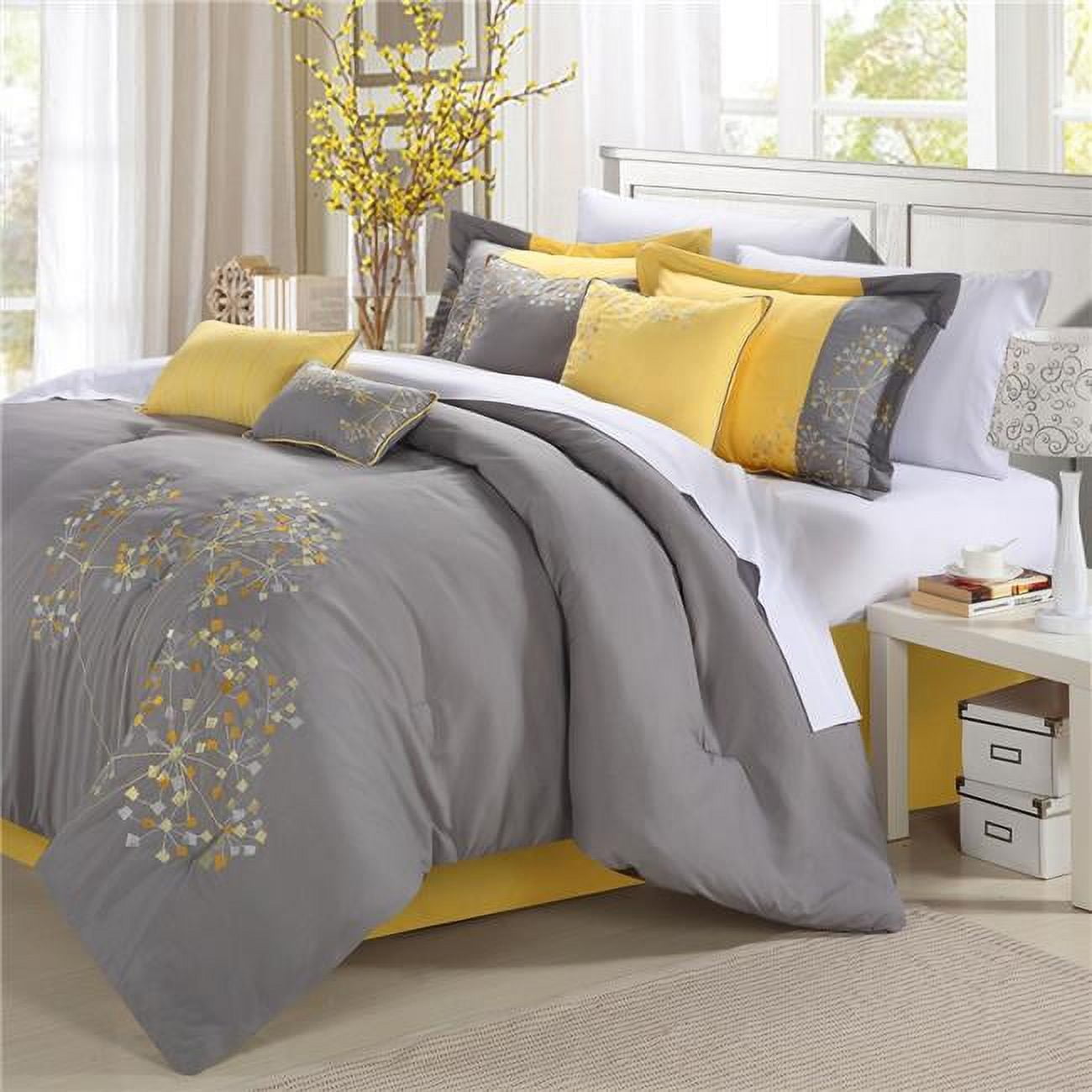 33-91-k-11-us Pink Floral 12 Piece Bed In A Bag Embroidered Comforter Set With 4 Piece Sheet Set, Yellow - King