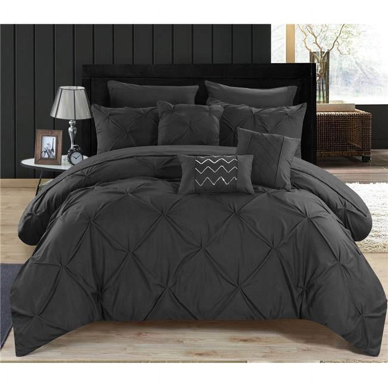 Cs3396-us 8 Piece Zita Pinch Pleated, Ruffled & Pleated Complete Twin Bed In A Bag Comforter Set With Black Sheets Set & Deocrative Pillows