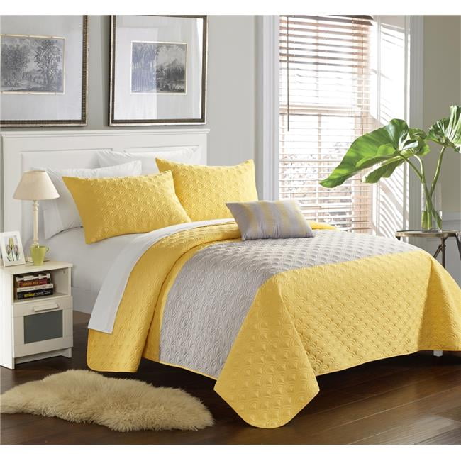 Qs1977-bib-us 8 Piece Ellias Geometric Quilting Embroidery King Quilt Set, Yellow With White Sheets
