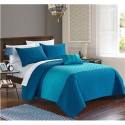 Qs1988-bib-us 8 Piece Ellias Geometric Quilting Embroidery Queen Quilt Set, Teal With White Sheets