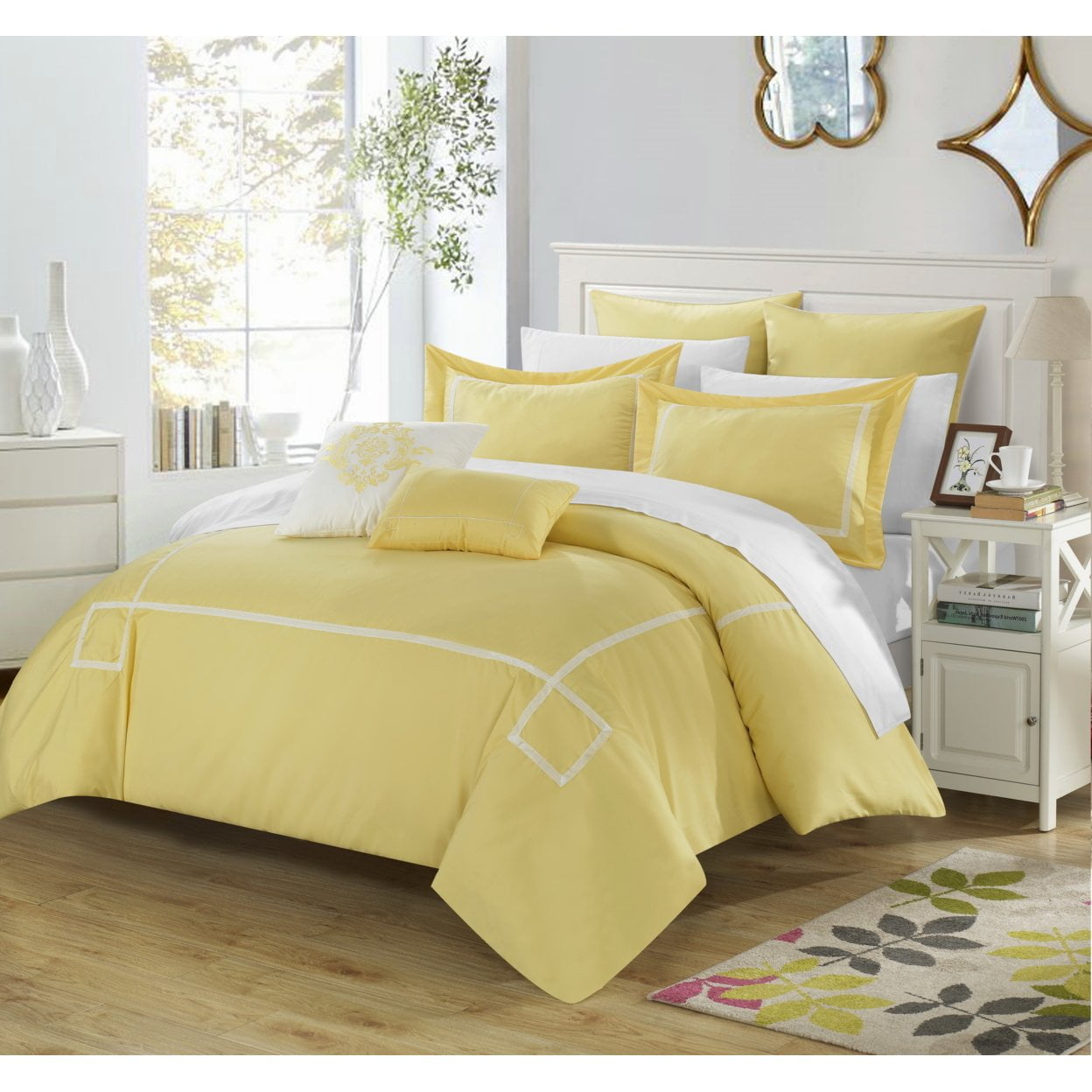 Cs0441-11-us Woodford Embroidered Comforter Set - Yellow - Queen - 7 Piece