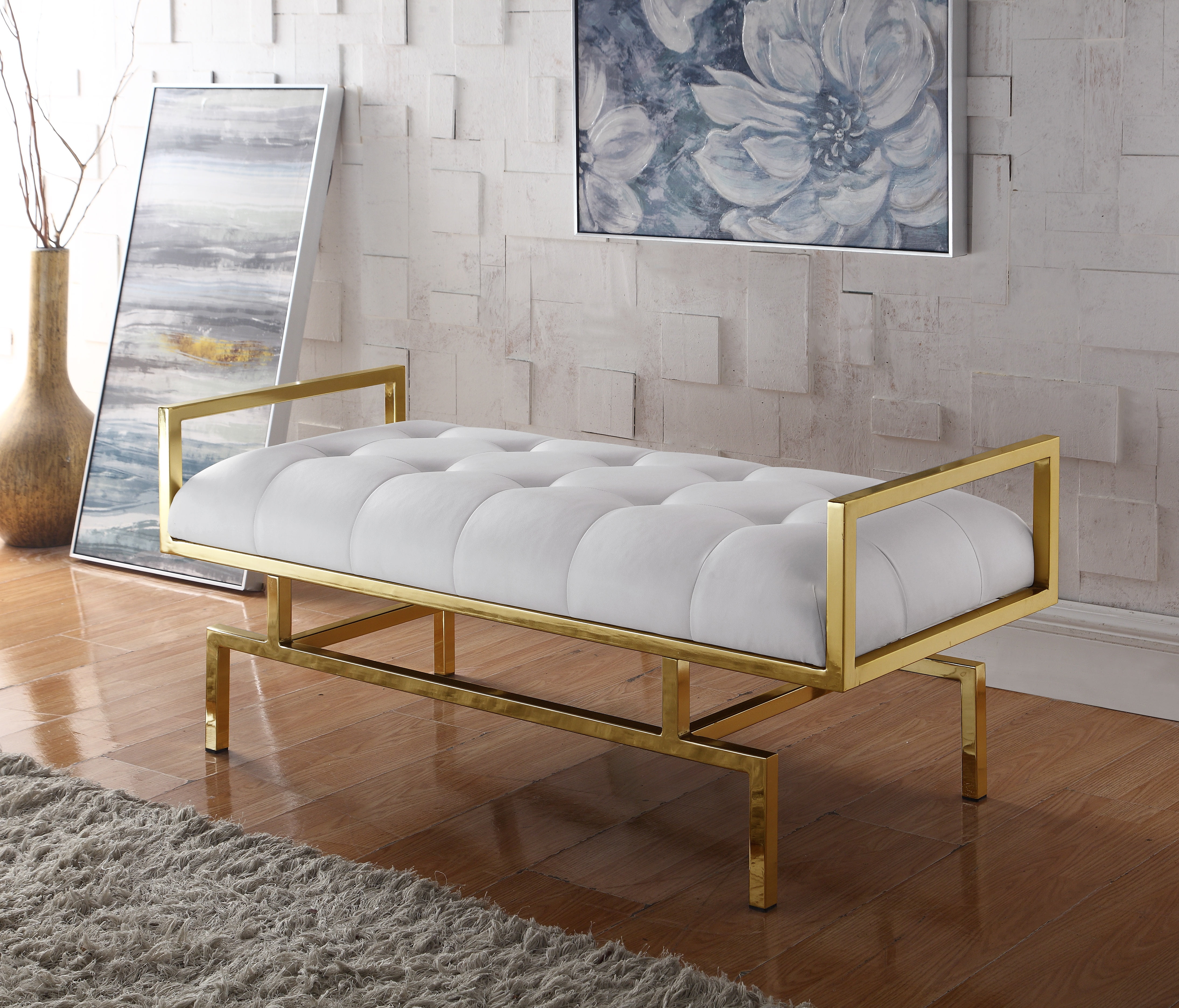 Fbh2634 Contemporary Tufted Seating Goldtone Metal Leg Bench, White