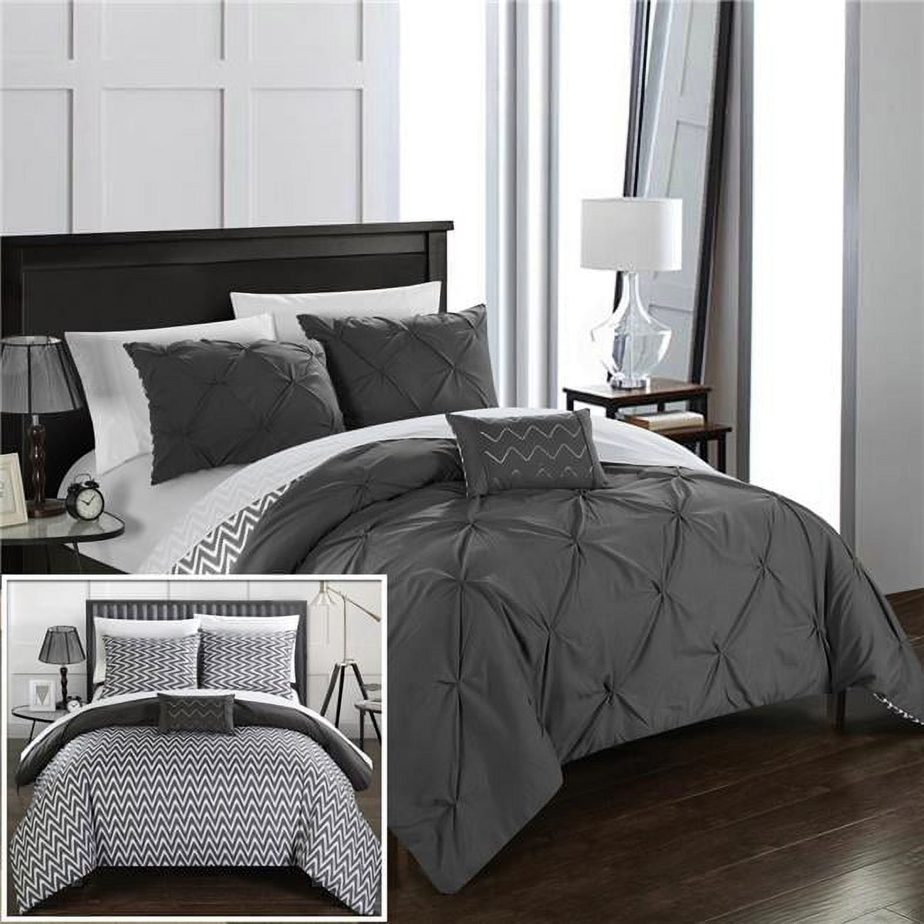 Everly Pinch Pleated, Reversible Chevron Print Ruffled & Pleated Complete Bed In A Bag Comforter Set With Sheets - Grey - King - 8 Piece