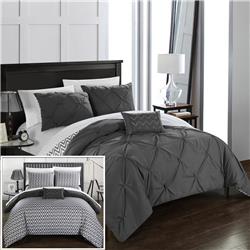 Everly Pinch Pleated, Reversible Chevron Print Ruffled & Pleated Complete Bed In A Bag Comforter Set With Sheets - Grey - Full & Queen - 8 Piece