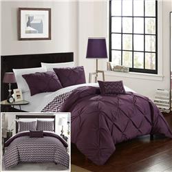 Everly Pinch Pleated, Reversible Chevron Print Ruffled & Pleated Complete Bed In A Bag Comforter Set With Sheets - Purple - Full & Queen - 8 Piece