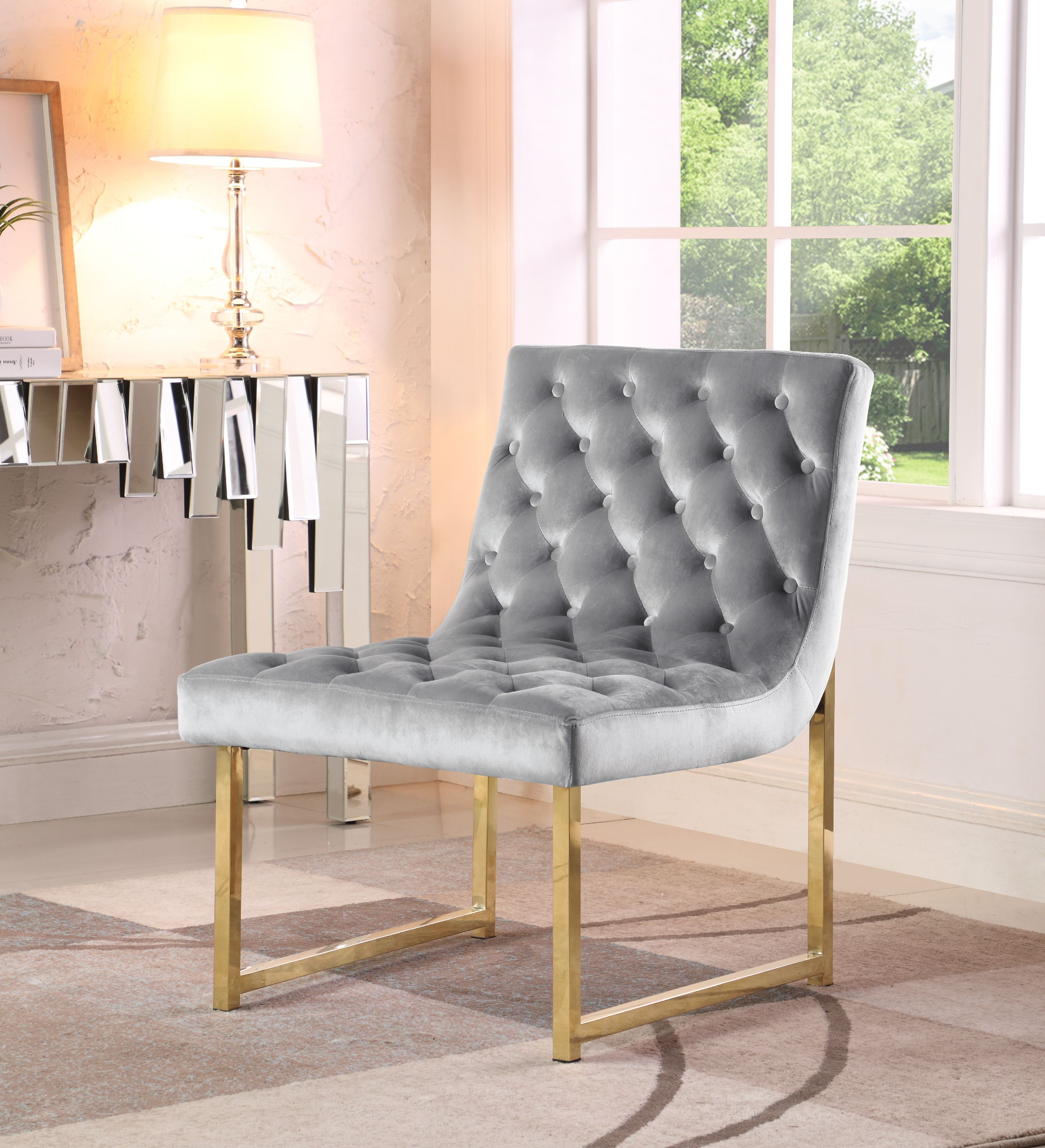 Fac2808-us Tatiana Velvet Accent Chair Brass Finished Polished Metal Frame, Grey