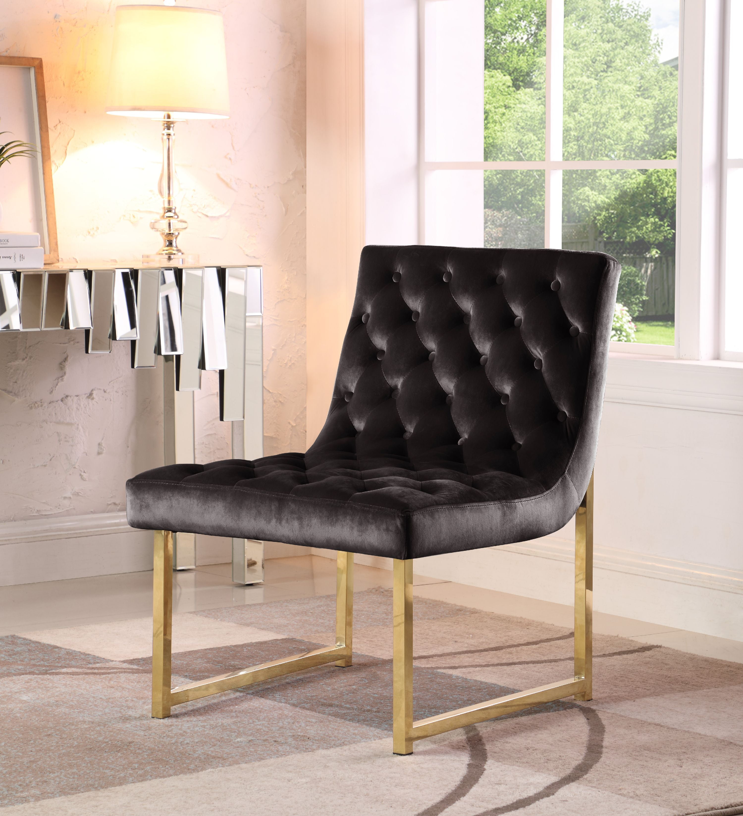Fac2812-us Tatiana Velvet Accent Chair Brass Finished Polished Metal Frame, Black