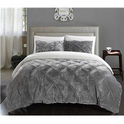 7 Piece Enzo Pinch Pleated Ruffled & Pintuck Sherpa Lined Queen Bed In A Bag Comforter Set, Grey With White Sheets