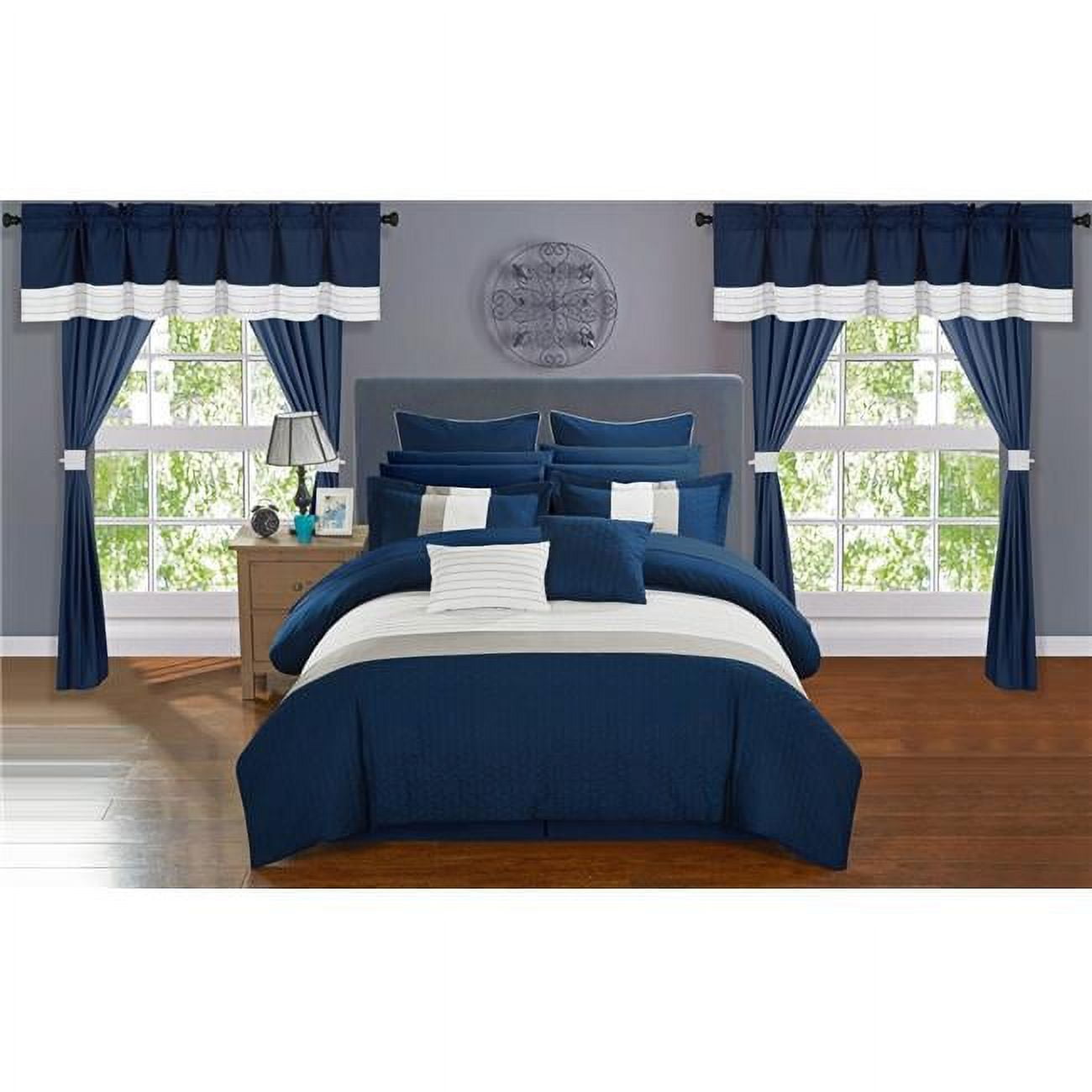 Cs0867-us 24 Piece Quilted Embroidered Complete Comforter Bed Set, Navy - Queen