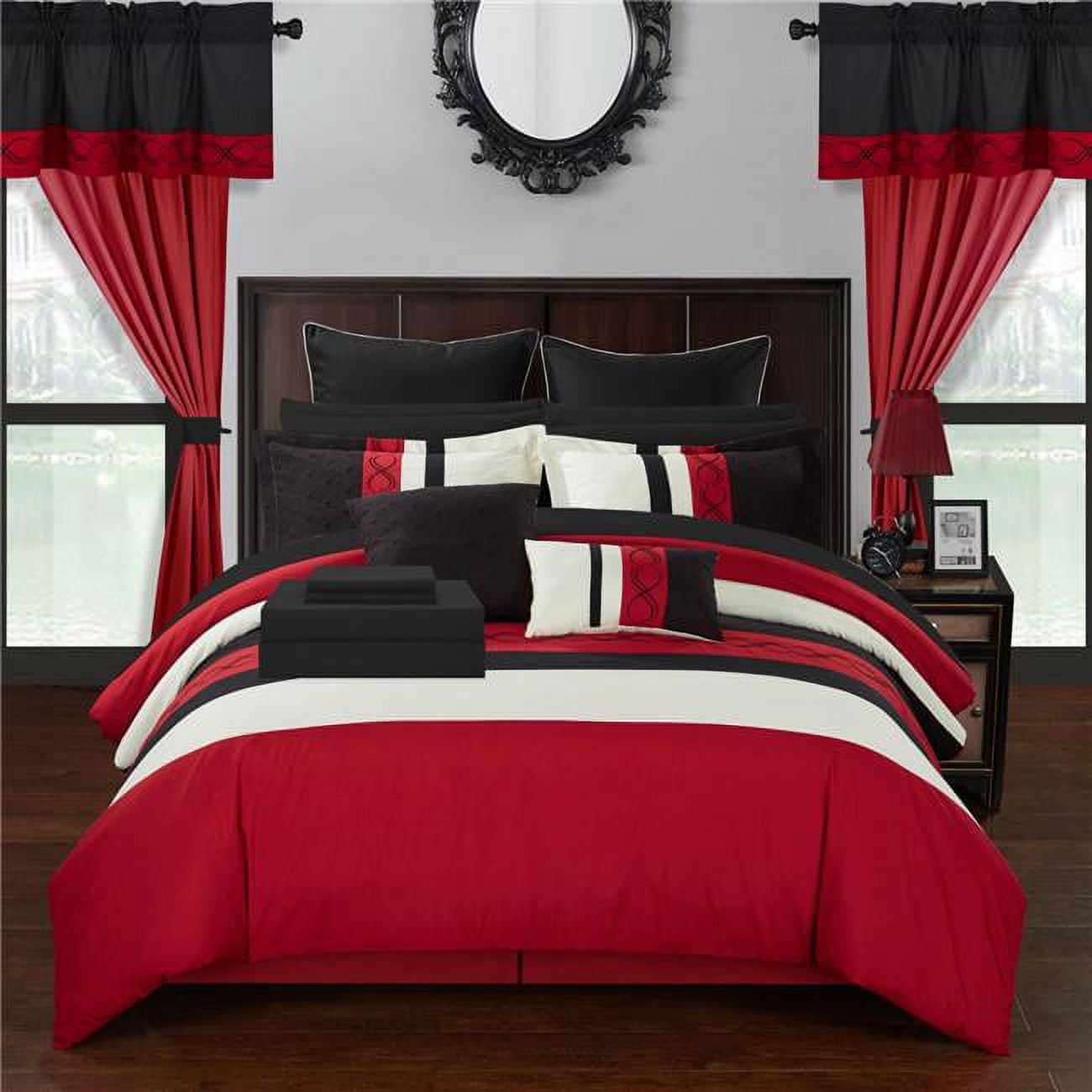 Cs0946-us 24 Piece Shilo Embroidered Design Comforter Bedding Set, Red - Queen