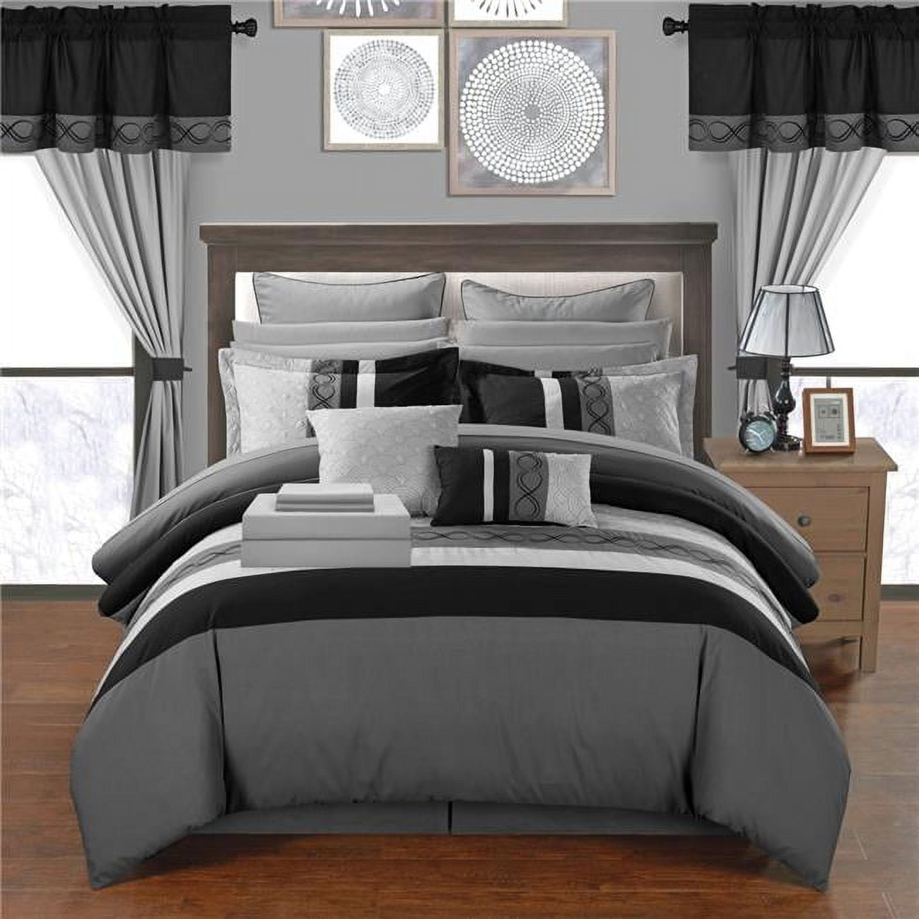 Cs0947-us 24 Piece Shilo Embroidered Design Comforter Bedding Set, Grey - Queen