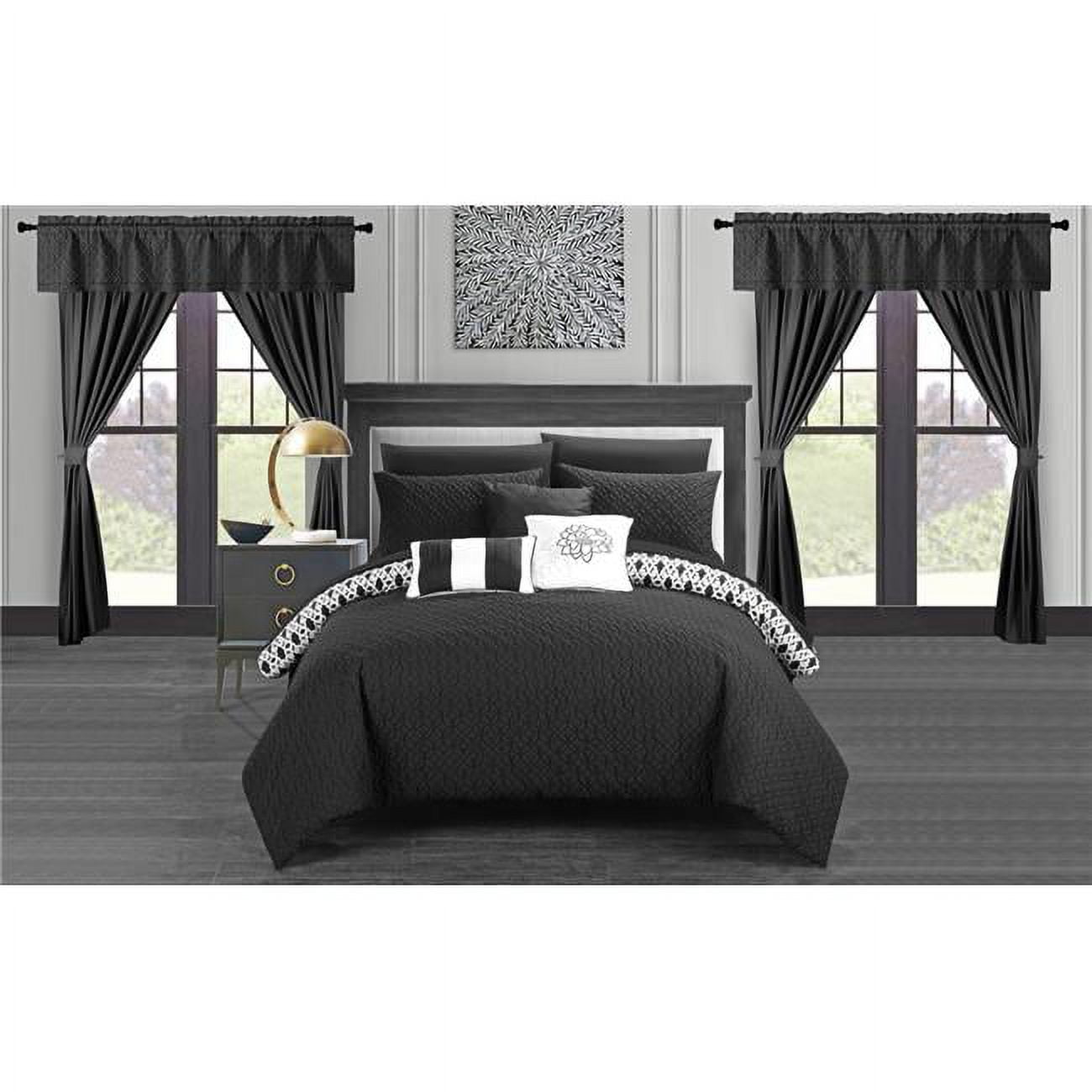 20 Piece Rotem Reversible Geometric Quilted Design Comforter Bedding Set, Black - Queen