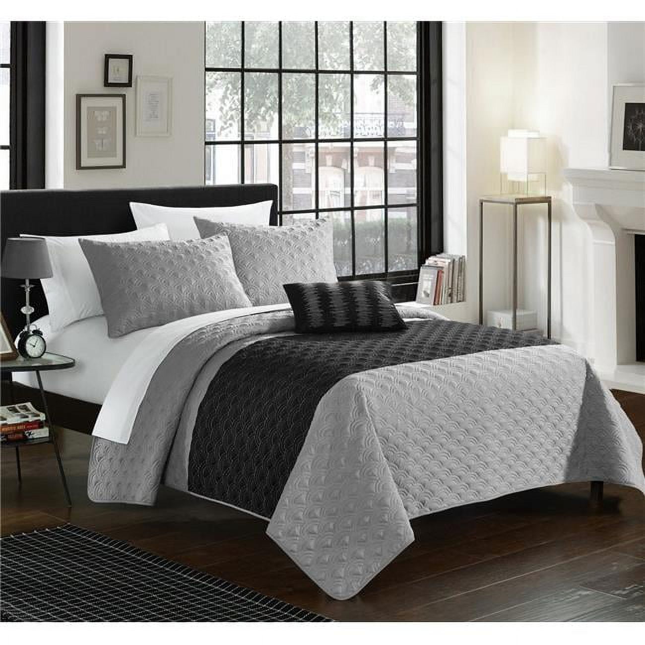 Qs1976-us 4 Piece Ellias Contemporary Two Tone Geometric Embroidered Quilted Bed Cover Set, Grey