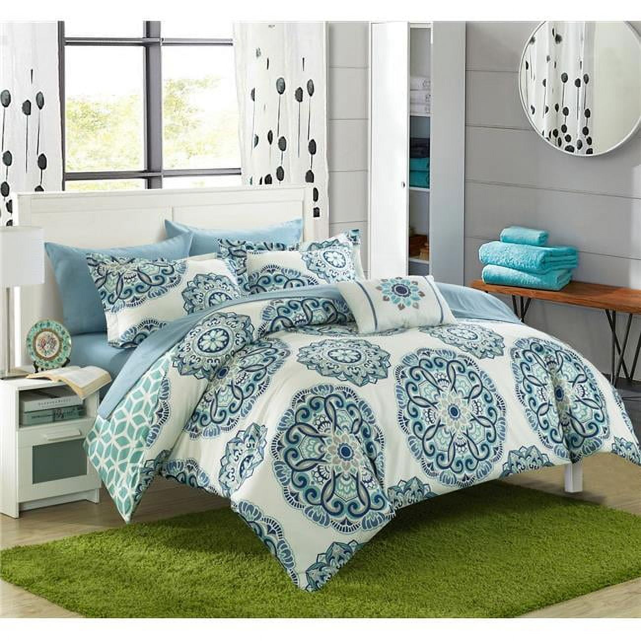 Cs4010-us 8 Piece Hilda Reversible Super Soft Microfiber Large Printed Medallion Design Comforter Set, Green