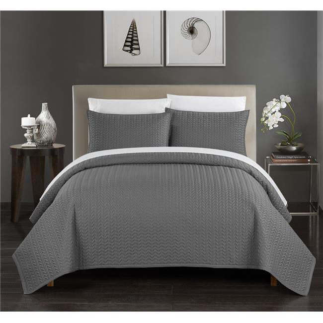 Bqs00408-us 3 Piece Beiler Quilt Cover Set Geometric Chevron Quilted Bedding With Decorative Pillow, Charcoal Grey - Queen