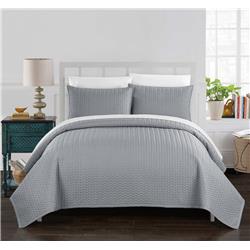 Bqs00439-us 3 Piece Beiler Quilt Cover Set Geometric Chevron Quilted Bedding With Decorative Pillow, Silver - Queen