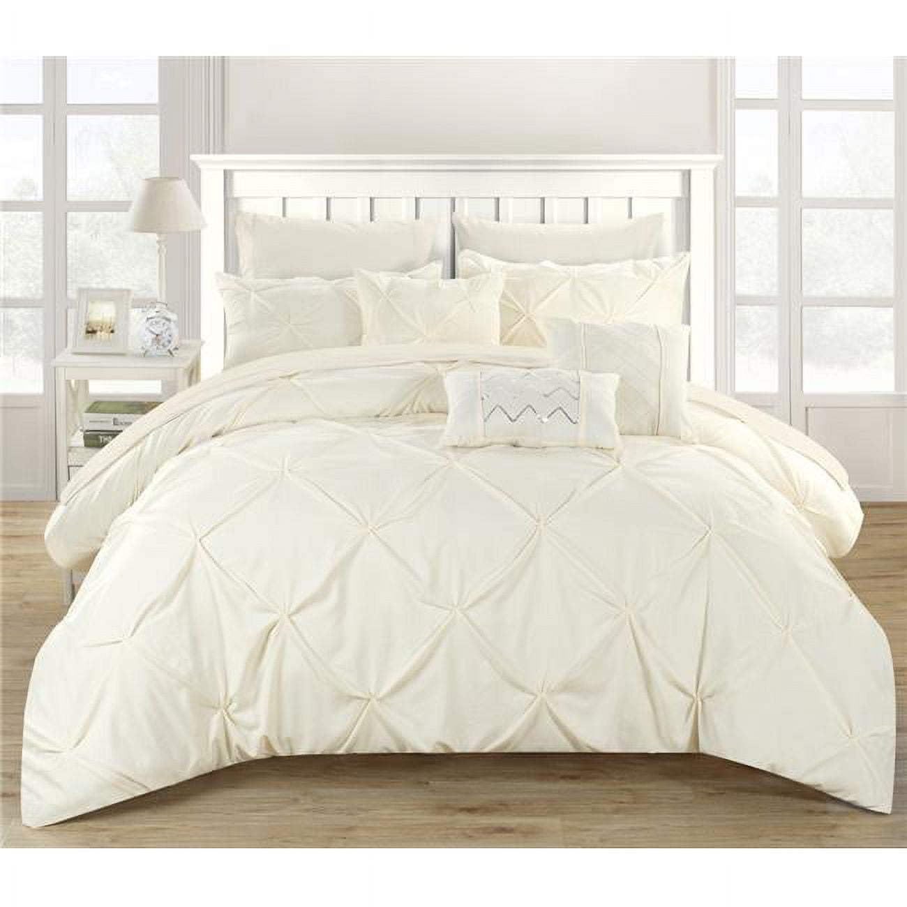 Cs3395-us Twin Size Zita Pinch Pleated, Ruffled And Pleated Complete Bed Sheets Set & Deocrative Pillows Included, Beige - 8 Piece
