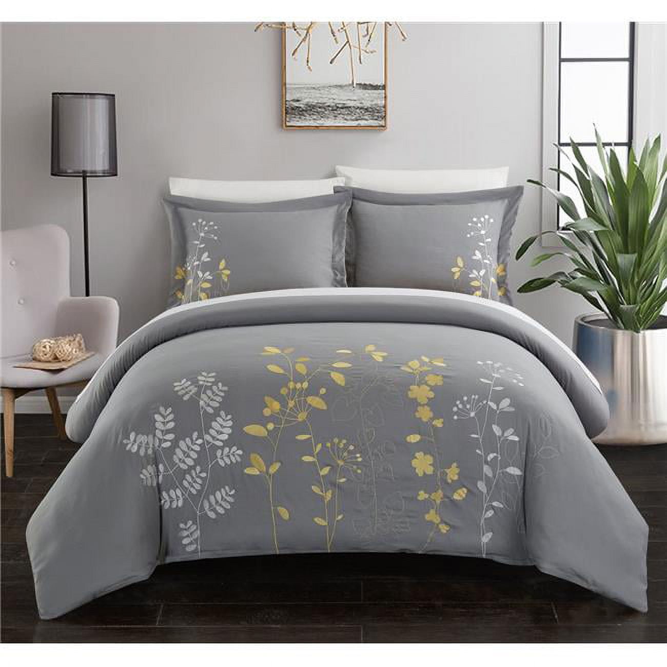 King Size Kylie Duvet Embroidered Floral Design Backing Zipper Closure Bedding & Decorative Pillow Shams Included, Yellow - 7 Piece